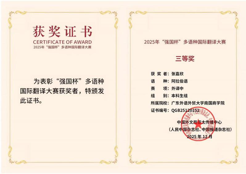阿拉伯语专业学子在2025年“强国杯”多语种国际翻译大赛中荣获佳绩